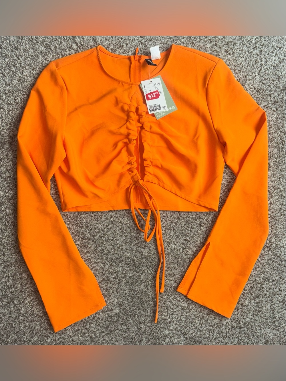 H&M Neon Orange Ruched Front Long Sleeve Crop Top Y2K Going Out